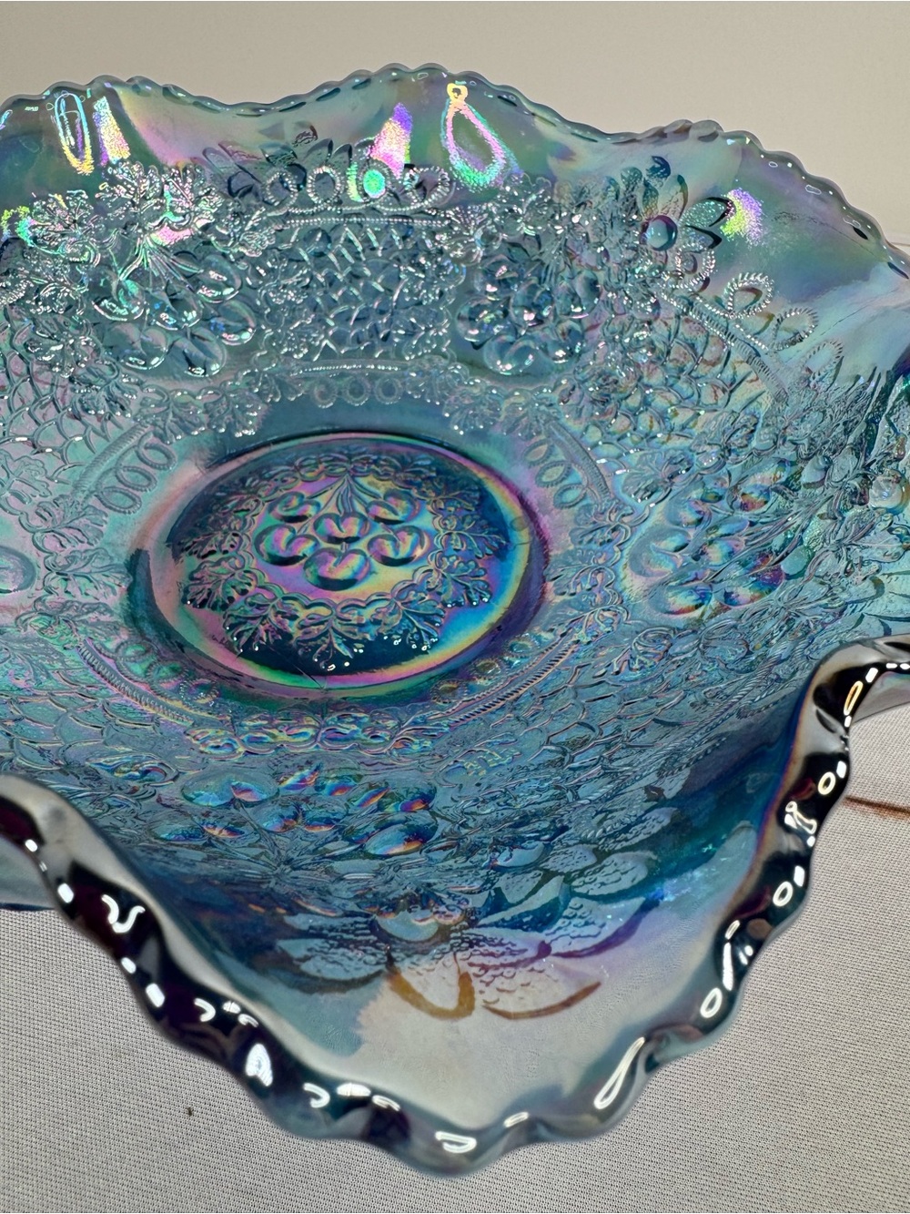 Antique Fenton Blue Carnival Glass Cherry Chain Ruffled Bowl